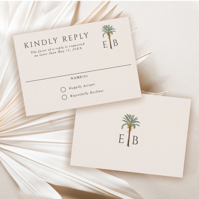 Palm Logo Elegant Tropical Monogram Wedding RSVP Card (Creator Uploaded)