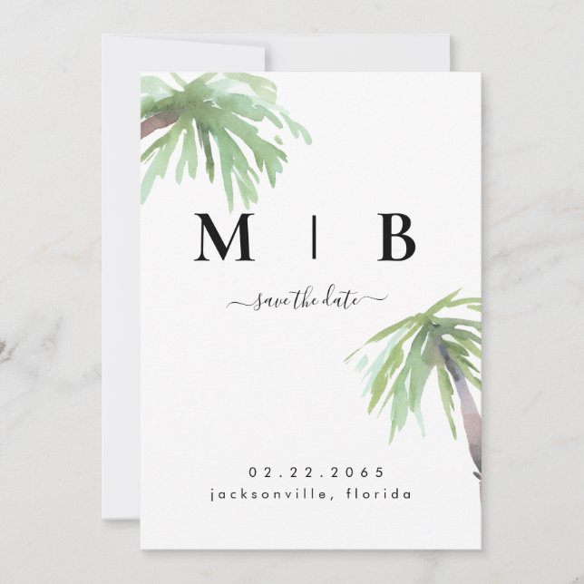 Palm Monogram Tropical White Wedding Save the Date (Front)