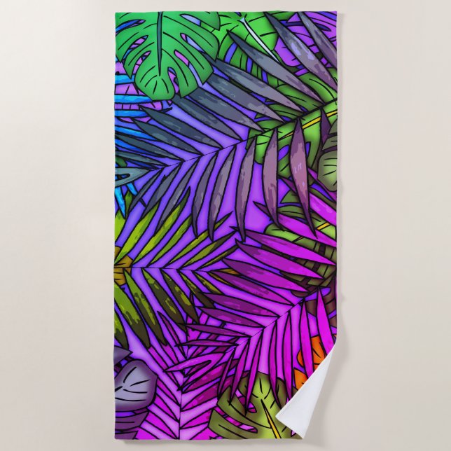 Palm & Monstera Leaves Miami Beach Towel (Front)