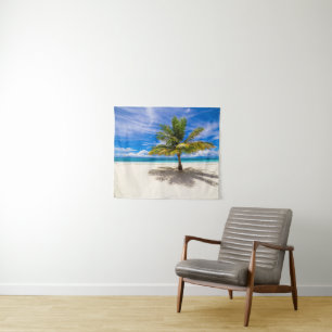 Palm on White Sand Beach Tapestry