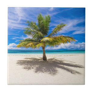 Palm on White Sand Beach Tile