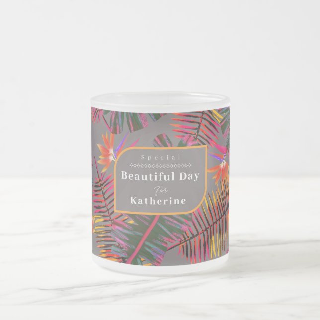 Palm Paradise Grey Frosted Glass Coffee Mug (Center)