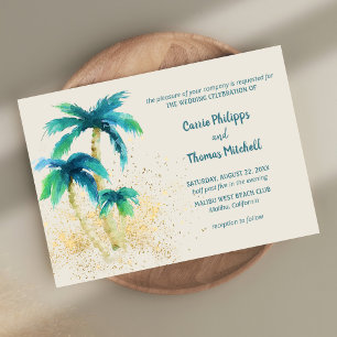 Palm Paradise   Tropical Beach Mint Blue Wedding Invitation