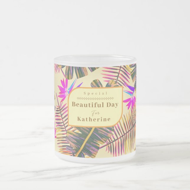 Palm Paradise Yellow Frosted Glass Coffee Mug (Center)