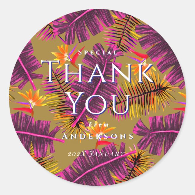 Palm Paradise Yellow Orange Thank You Classic Round Sticker (Front)