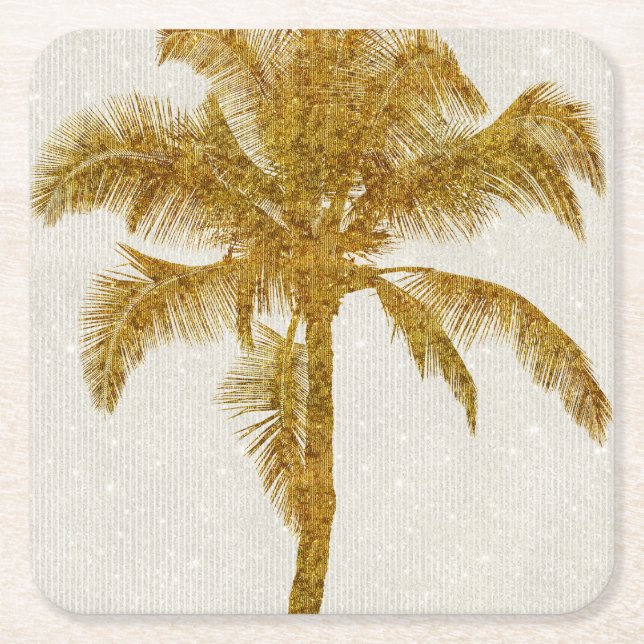 Palm Silhouette Gold Faux Glitter Tropical Design Square Paper Coaster (Front)