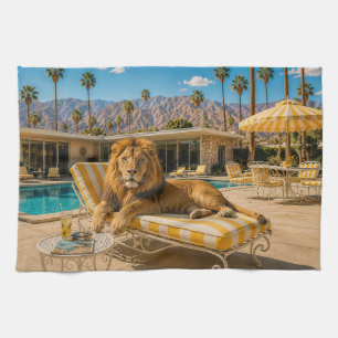 Palm Springs 1950 Poolside Lion Lounging Tea Towel