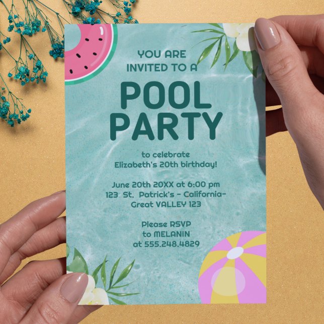 Palm Springs Blue Adult Pool Party Invitation (Palm Springs Pool Party Blue Adult Birthday Invitation)