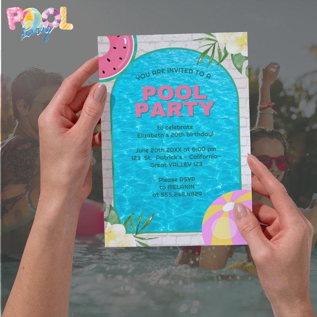 Palm Springs Blue Adult Pool Party Invitation (Palm Summer Blue Adult Pool Party Invitation)
