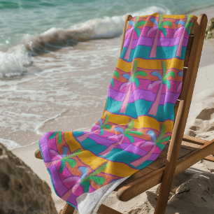 Palm Springs Bold Sunset Stripes Palm Tree Beach Towel