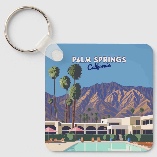 Palm Springs California Pool Hotel Trees Retro Key Ring (Front)