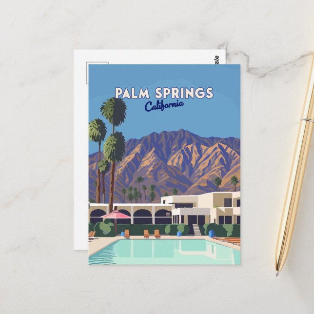 Palm Springs California Pool Hotel Trees Retro Postcard (Front/Back In Situ)
