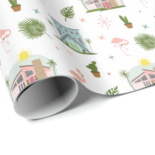 Palm Springs Flamingo Cactus Midcentury Pattern  Wrapping Paper