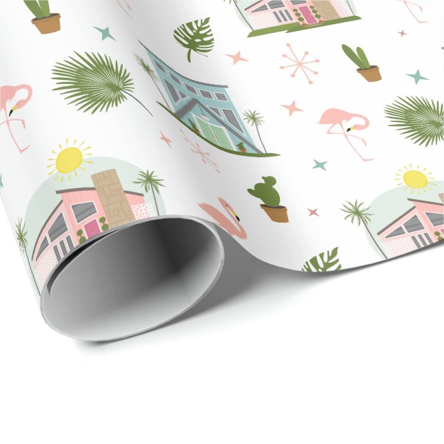 Palm Springs Flamingo Cactus Midcentury Pattern  Wrapping Paper (Roll Corner)