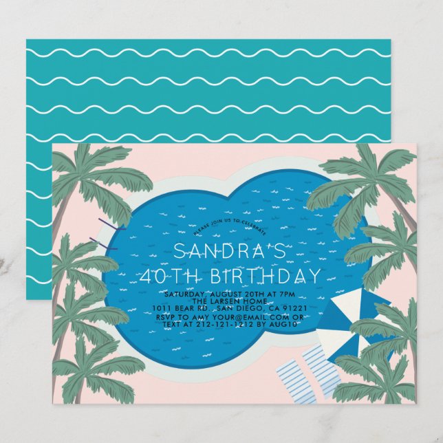 Palm Springs Pool Party Pink Adult Birthday Invitation (Front/Back)
