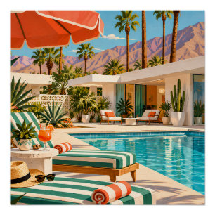 Palm Springs Poolside Retro Mid Century Modern Art Poster