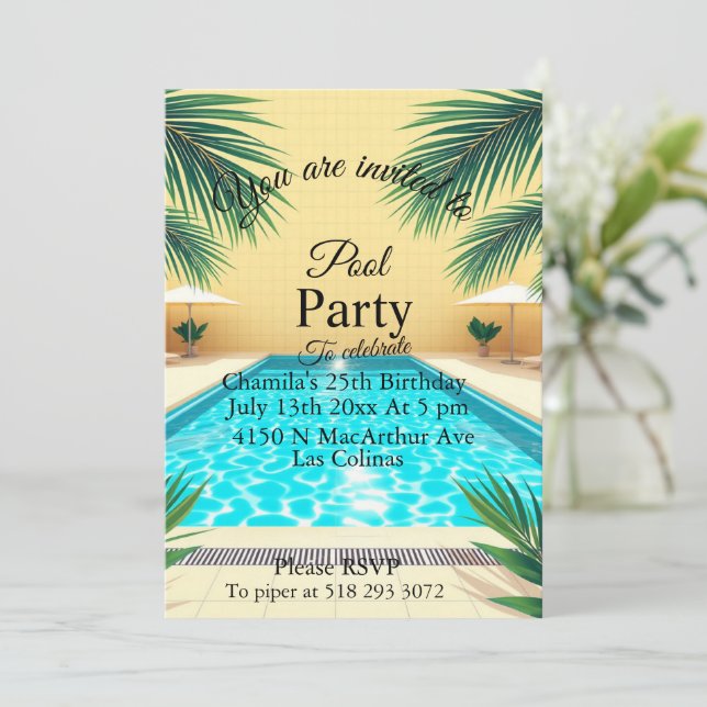 Palm Springs Summer Pool Party Pink Birthday  Invitation (Standing Front)