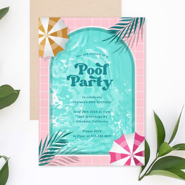 Palm Springs Summer Pool Party Pink Birthday Invitation (Pool party invitation featuring an arch-shaped swimming pool and pink pool tiles.)