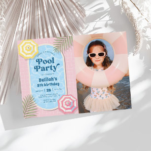 Palm Springs Summer Pool Party Pink Birthday Photo Invitation