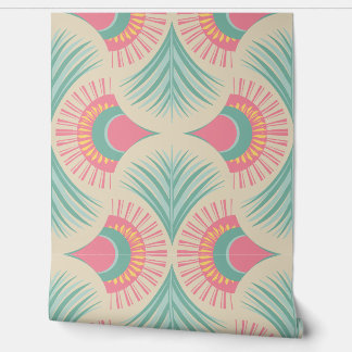 Palm Springs - Sunset Palms - Coral Pink and Teal Wallpaper