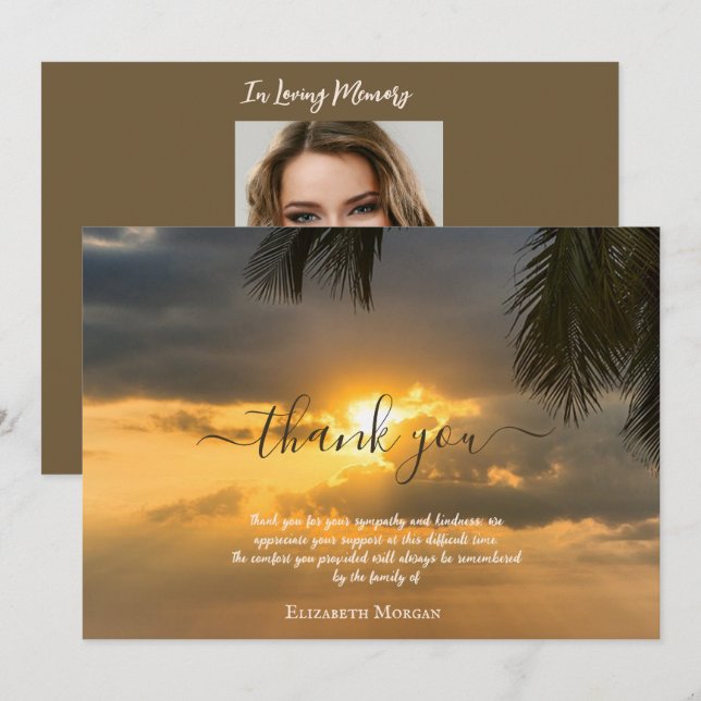 Palm Sunset Photo Celebration Of Life  Thank You Card (Front/Back)