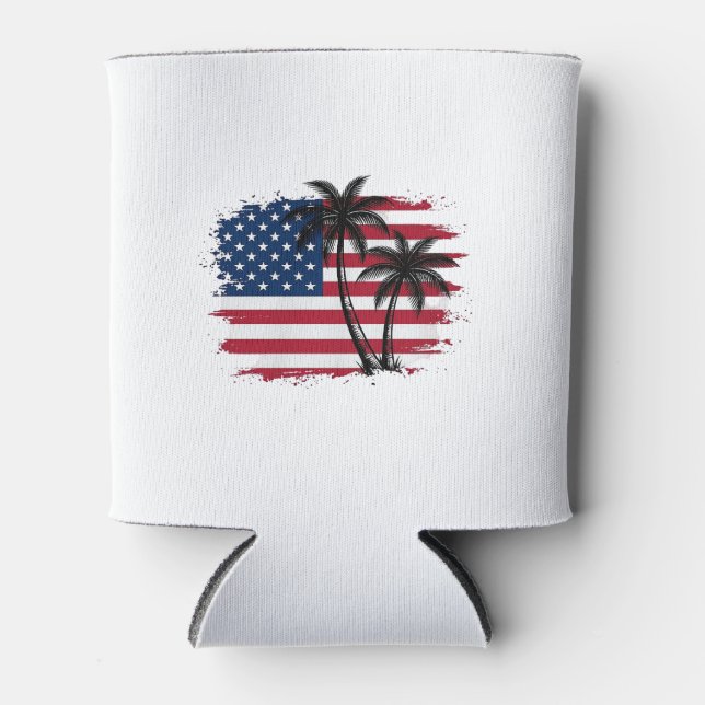 Palm Tree American Flag Patriotic Beach Vector Art Can Cooler (Front)