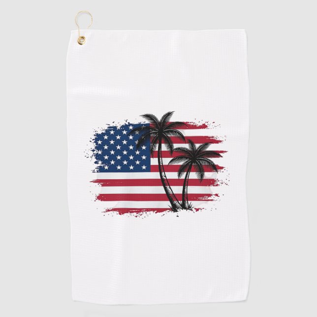 Palm Tree American Flag Patriotic Beach Vector Art Golf Towel (Front)