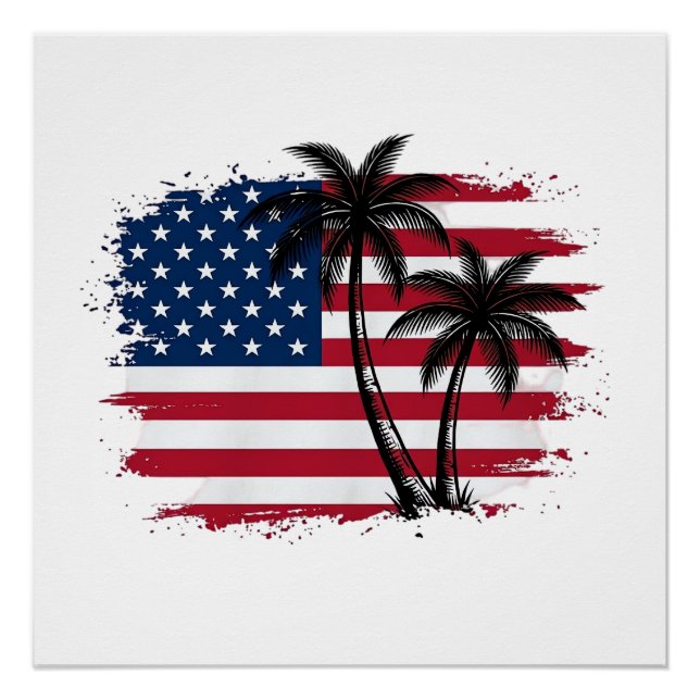 Palm Tree American Flag Patriotic Beach Vector Art Poster (Front)