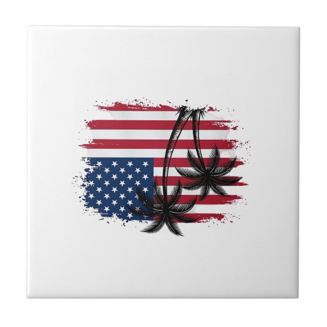 Palm Tree American Flag Patriotic Beach Vector Art Tile (Front)