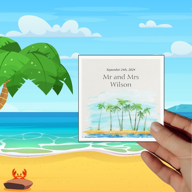 Palm Tree and Beach  Wedding Dinner Cocktail Napkin (Creator Uploaded)