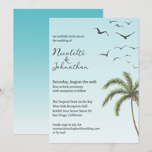 Palm Tree and Birds Simple Beach Wedding Invitation (Front/Back)