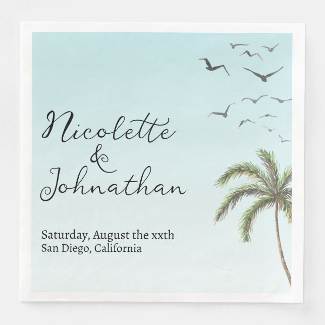 Palm Tree and Birds Simple Beach Wedding Napkin (Front)