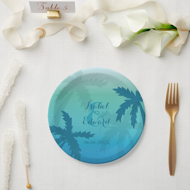 Palm Tree And Custom Couple Names Tropical Wedding Paper Plate (Wedding)