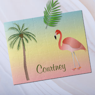 Palm Tree And Flamingo With Your Name Jigsaw Puzzle