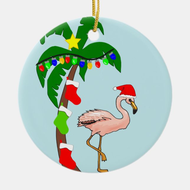 Palm Tree and Flamingos Tropical Christmas Ceramic Tree Decoration (Front)