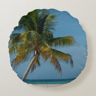 Palm tree and white sand beach 2 round cushion