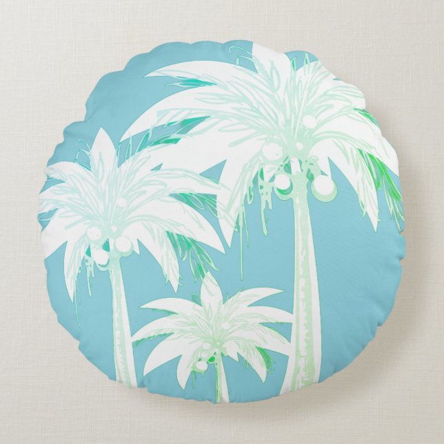 Palm Tree Aqua Blue Summer Green White Tropical Round Cushion (Front)