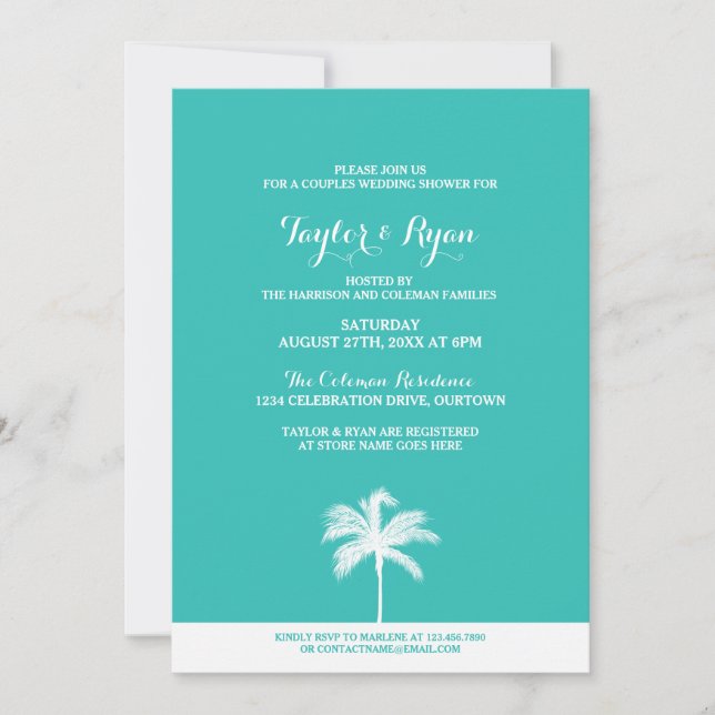 Palm Tree Aqua Couples Wedding Shower Invitation (Front)