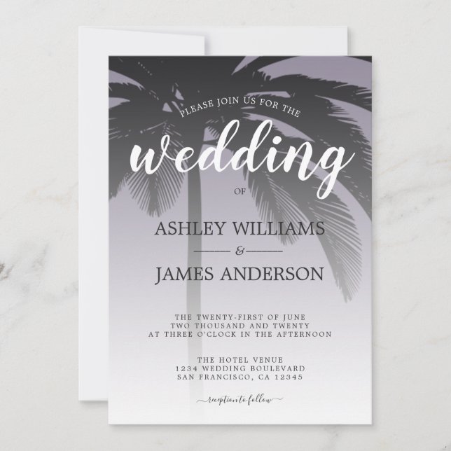 Palm Tree Ash Purple Beach Wedding Invitation (Front)