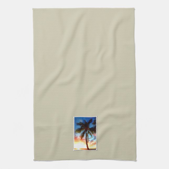 Palm Tree at Sunset Stamp on Cream Tea Towel (Vertical)