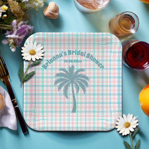 Palm Tree Azure Pink Checkered Bridal Shower Paper Plate