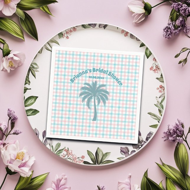 Palm Tree Azure Pink Chequered Bridal Shower Napkin (Creator Uploaded)