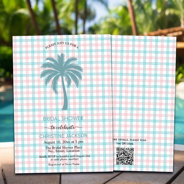 Palm Tree Azure Pink Chequered QR Code Bridal Invitation (Creator Uploaded)