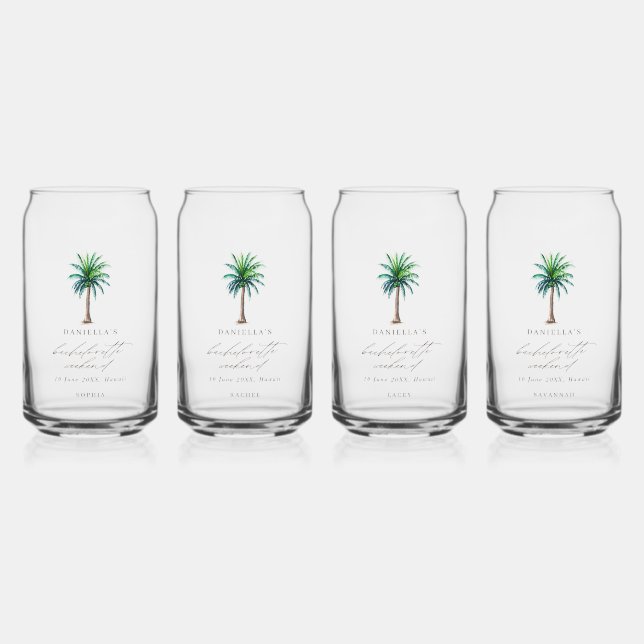 Palm Tree Bachelorette Weekend Personalised Name Can Glass (Front)