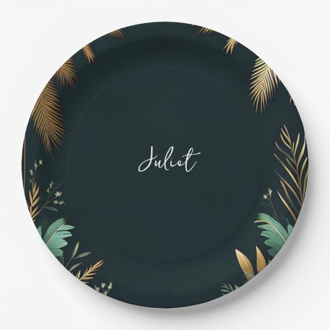 Palm Tree Beach Green And Gold Bridal Shower Paper Plate (Front)