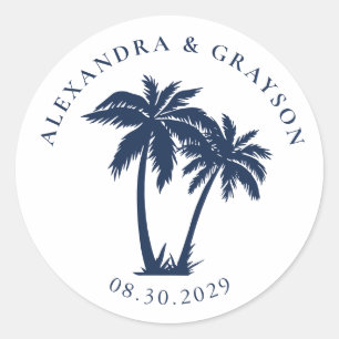 Palm Tree Beach Nautical Navy Wedding  Classic Round Sticker