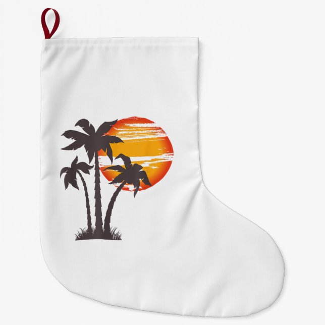 Palm Tree Beach Ocean Summer Vacation Sunset Parad Large Christmas Stocking (Front)