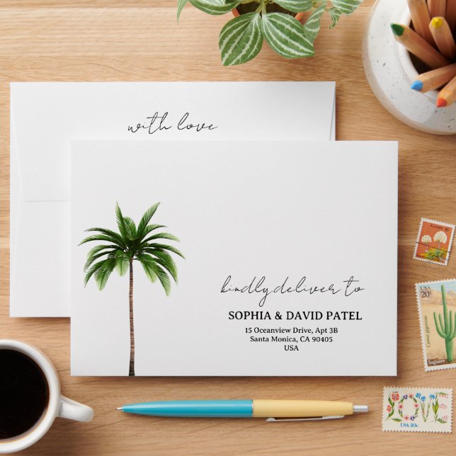 Palm Tree Beach Theme Wedding Invitation Envelope (Desk)