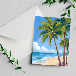 Palm Tree Beach   Tropical Watercolor Blue Card