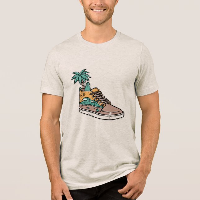 Palm Tree & Beach Wave Shoe Illustration Tri-Blend Shirt (Front)